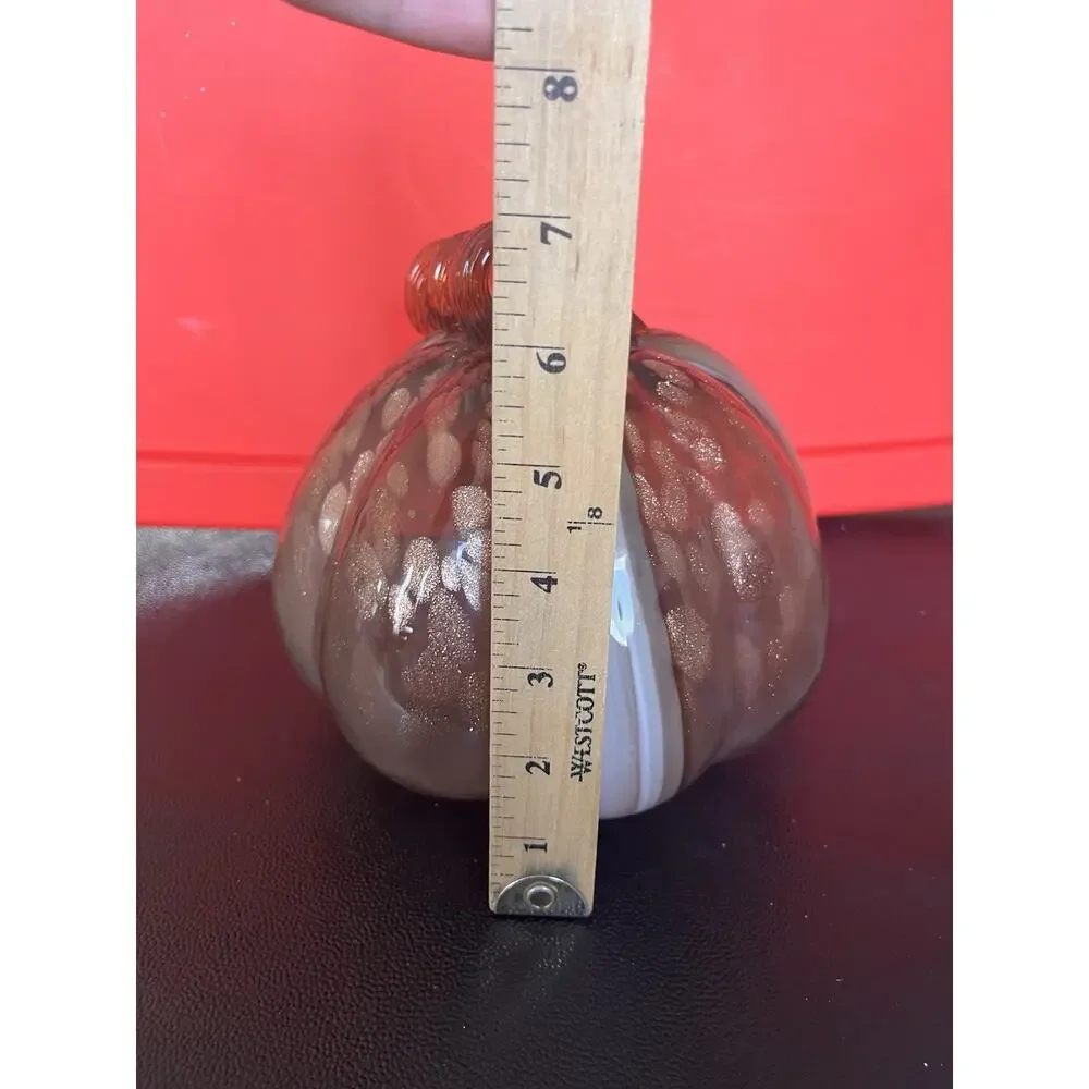 Art Glass Pumpkin Hand Blown Brown Striped Swirl Gold Stem Autumn Harvest 5